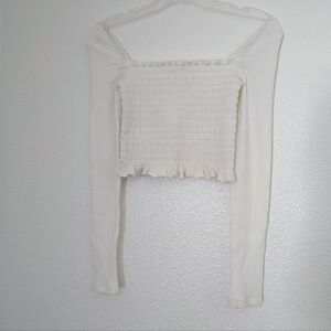 Reformation Creamy Smocked Crop Top Square Neck Sz S Stretch Long Sleeves